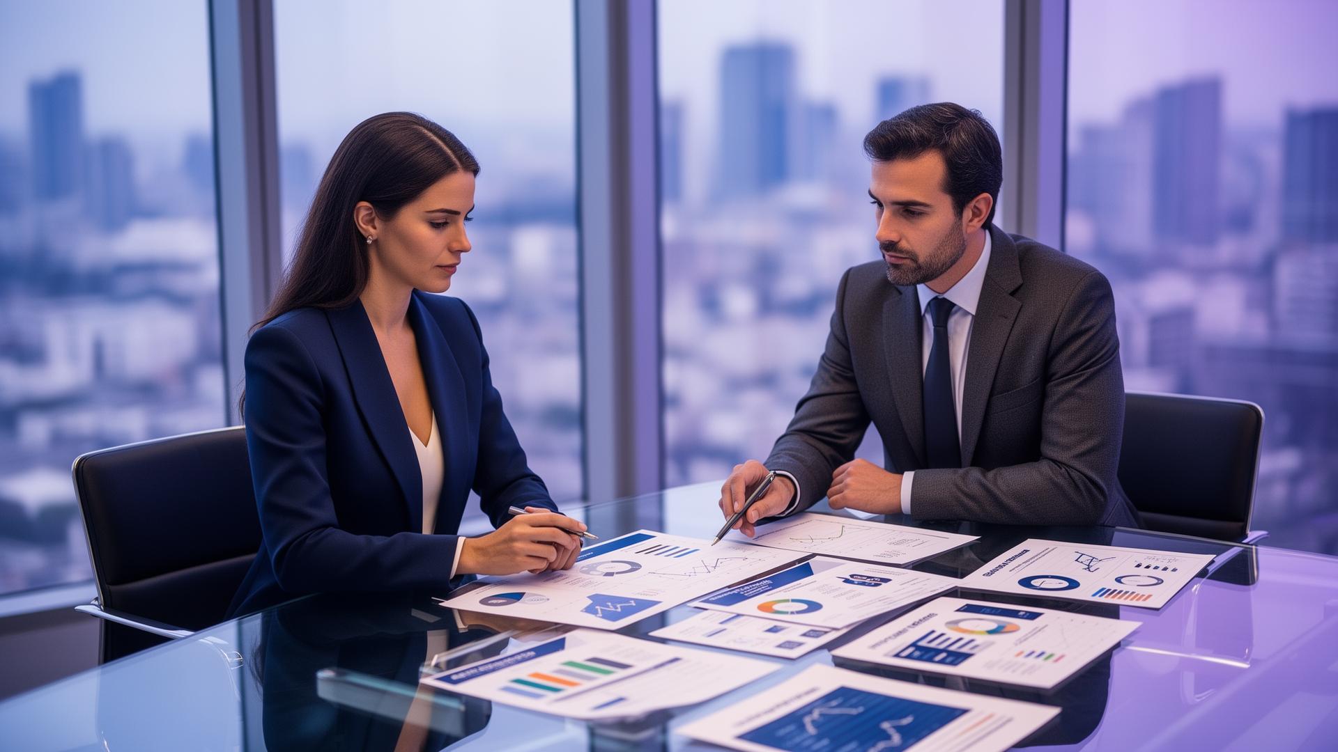 Executivos analisando indicadores financeiros e crescimento empresarial